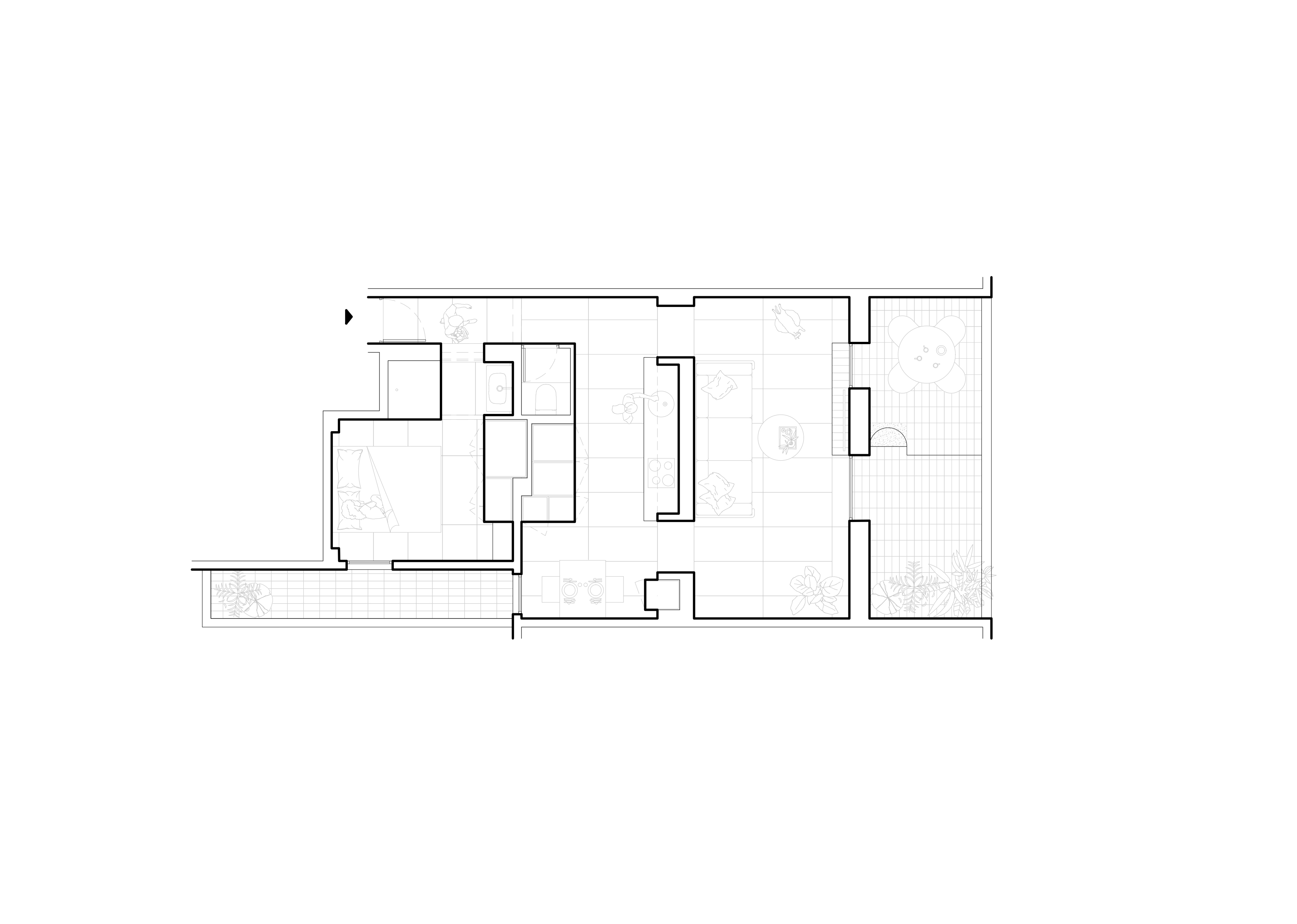 Floor plan of CRÜ’s “La Dolors” renovation showing the reorganized layout, central service volume, living room facing the patio, bedrooms, kitchen, and terraces.